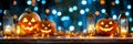 Spooky Halloween Jack oLanterns, Lights, and Lanterns on a Festive Holiday Background Royalty Free Stock Photo