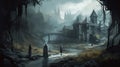 spooky halloween landscape with castle, a woman and ghosts, illustration, Generative AI