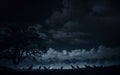 spooky halloween landscape with crow, trees, and a dark blue and black cloudy sky