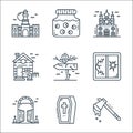 spooky halloween line icons. linear set. quality vector line set such as axe, coffin, gate, broken window, guidepost, haunted
