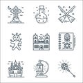 spooky halloween line icons. linear set. quality vector line set such as wizard, lantern, haunted house, magic book, haunted house