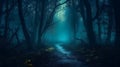 Mystical dark scary forest with fog and footpath. Halloween background. Royalty Free Stock Photo