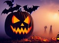 Spooky Halloween Night background with scary scene and pumpkins Royalty Free Stock Photo