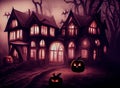 Spooky Halloween Night background with scary scene and pumpkins Royalty Free Stock Photo