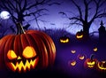 Spooky Halloween Night background with scary scene and pumpkins Royalty Free Stock Photo