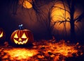 Spooky Halloween Night background with scary scene and pumpkins Royalty Free Stock Photo