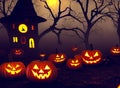 Spooky Halloween Night background with scary scene and pumpkins Royalty Free Stock Photo