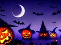 Spooky Halloween Night background with scary scene and pumpkins Royalty Free Stock Photo