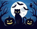 Spooky halloween night. Black cat, full moon, bats, pumpkins, owl. Royalty Free Stock Photo