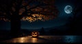 spooky halloween night with a carved orange pumpkin on a table and a full moon in the background