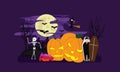 Spooky Halloween Night Costume Party Tiny People Character Concept Vector Illustration