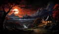 Spooky Halloween night, dark forest, moonlight, evil pumpkin fire generated by AI