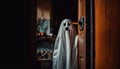 Spooky Halloween night, dark mystery indoors, fear of evil ghost generated by AI