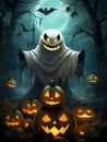 Spooky Halloween Night: Ghost and Jack-o\'-lanterns under a Mystical Moon Royalty Free Stock Photo