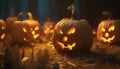 Spooky Halloween night, glowing lanterns, pumpkin decoration, evil ghost generated by AI