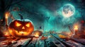 Spooky Halloween Night: Jack-o\'-Lantern, Full Moon, and Graveyard with Pumpkins on Wooden Table - AI Generated Backdrop Royalty Free Stock Photo