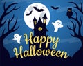 Spooky halloween night. Scary house, full moon, bats, ghosts, owl. Royalty Free Stock Photo