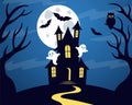 Spooky halloween night. Scary house, full moon, bats, ghosts, owl. Royalty Free Stock Photo