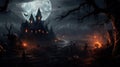 Spooky Halloween night scene with a full moon, bats, and an eerie haunted house Royalty Free Stock Photo