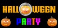 Halloween Party - A spooky Halloween Party banner with a scary vampire pumpkin with glowing eyes, in front of the moon Royalty Free Stock Photo