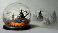 Spooky Halloween party in snow globe crystal ball for decoration on table background. Generative AI Royalty Free Stock Photo