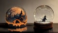 Spooky Halloween party in snow globe crystal ball for decoration on table background. Generative AI Royalty Free Stock Photo