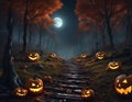 Spooky halloween path in the forest, ai generated, digital oil painting