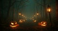 Spooky Halloween Path: Jack-o\'-Lanterns and Lanterns in Dark Forest Royalty Free Stock Photo