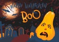 Spooky Halloween poster with lettering,pumpkin,bats,full moon and graveyard Royalty Free Stock Photo