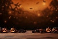 Spooky Halloween pumpkin and flying bats background Generative AI