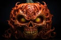 A spooky Halloween pumpkin with a skull perched on top, creating an eerie and macabre display, Halloween spooky pumpkin decoration