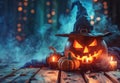 Spooky Halloween Pumpkin with Witch Hat in a Mystical Forest