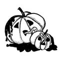 Spooky Halloween pumpkins with worms, scary frightening horror jack o lantern, death symbol. Black white monocrome ink