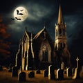 Spooky Halloween scene with abandoned old church, bats and cemetery