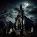 Spooky Halloween scene with abandoned old church, bats and cemetery