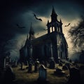 Spooky Halloween scene with abandoned old church, bats and cemetery