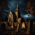 Spooky Halloween scene with abandoned old church and cemetery