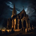 Spooky Halloween scene with abandoned old church and cemetery