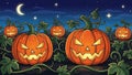 A spooky Halloween scene with jack-o-lanterns in a dark pumpkin patch Royalty Free Stock Photo