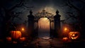 Haunted halloween graveyard gate with jack-o\'-lanterns and fog Royalty Free Stock Photo