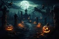 A spooky Halloween scene featuring pumpkins and a full moon, casting an eerie glow on the surroundings, Gloomy and scary Royalty Free Stock Photo