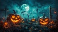 Spooky Halloween scene with glowing pumpkins, a full moon, and a haunted graveyard Royalty Free Stock Photo