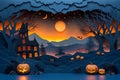 Spooky Halloween Scene with Haunted House and Carved Pumpkins Royalty Free Stock Photo