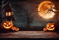 Spooky Halloween Scene with Moonlit Forest Spooky House Haunted house Halloween pumpkin head jack lantern with burning candles,