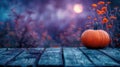 Spooky Halloween Table with Orange Pumpkin on Old Wooden Plank under Purple Moonlit Landscape