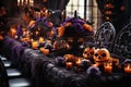 Spooky Halloween Table: Vibrant Decor and Eerie Ambiance Royalty Free Stock Photo