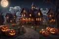 A spooky Halloween-themed illustration depicting a moonlit cityscape with an ominous castle towering in the background. The night Royalty Free Stock Photo