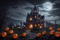 Halloween dark castle moonlight shining. Generative AI Royalty Free Stock Photo