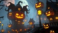Spooky Halloween town with glowing jackolanterns Royalty Free Stock Photo
