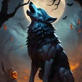 Spooky Halloween wolf howling pumpkin illustration